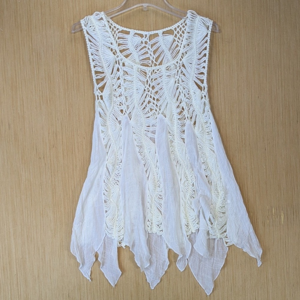 Boho Fairy Crochet Knit Handkerchief Hem Tunic Top Off White Size S Festival